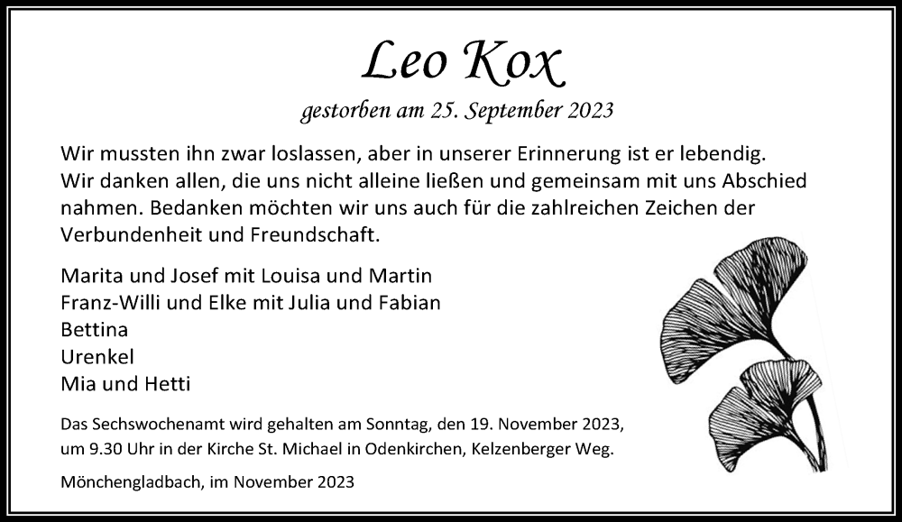  Traueranzeige für Leo Kox vom 12.11.2023 aus trauer.extra-tipp-moenchengladbach.de