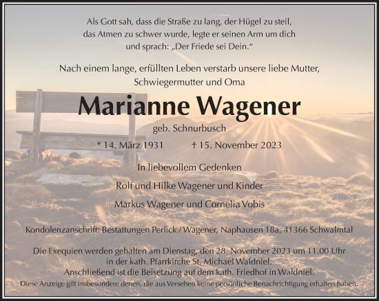 Traueranzeige von Marianne Wagener von trauer.extra-tipp-moenchengladbach.de