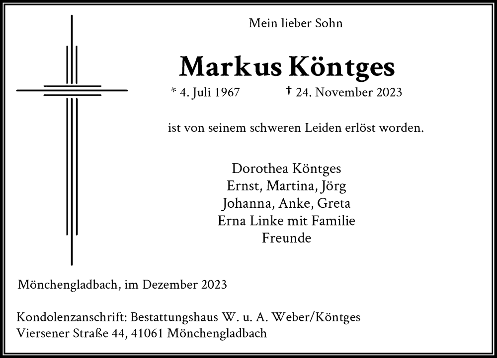  Traueranzeige für Markus Köntges vom 03.12.2023 aus trauer.extra-tipp-moenchengladbach.de