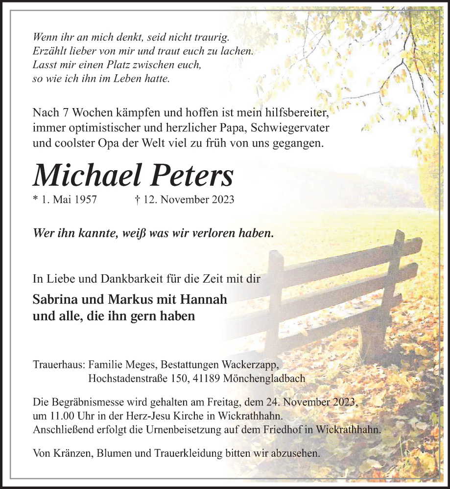  Traueranzeige für Michael Peters vom 19.11.2023 aus trauer.extra-tipp-moenchengladbach.de
