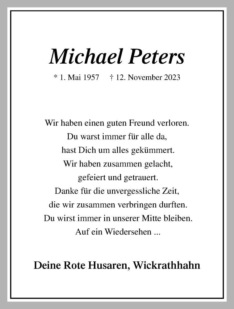  Traueranzeige für Michael Peters vom 19.11.2023 aus trauer.extra-tipp-moenchengladbach.de