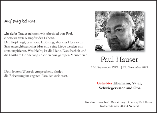 Traueranzeige von Paul Hauser von trauer.extra-tipp-moenchengladbach.de