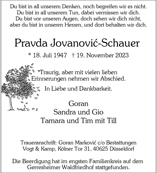 Traueranzeige von Pravda Jovanovic-Schauer von trauer.duesseldorfer-anzeiger.de