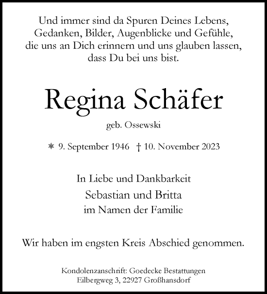 Traueranzeige von Regina Schäfer von trauer.wuppertaler-rundschau.de