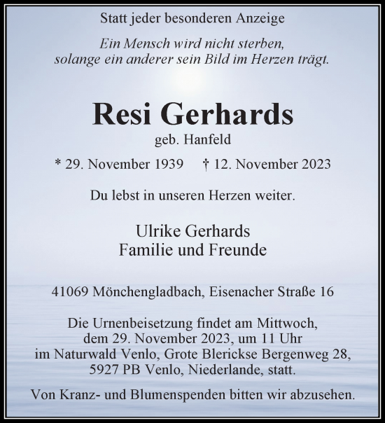 Traueranzeige von Resi Gerhards von trauer.extra-tipp-moenchengladbach.de
