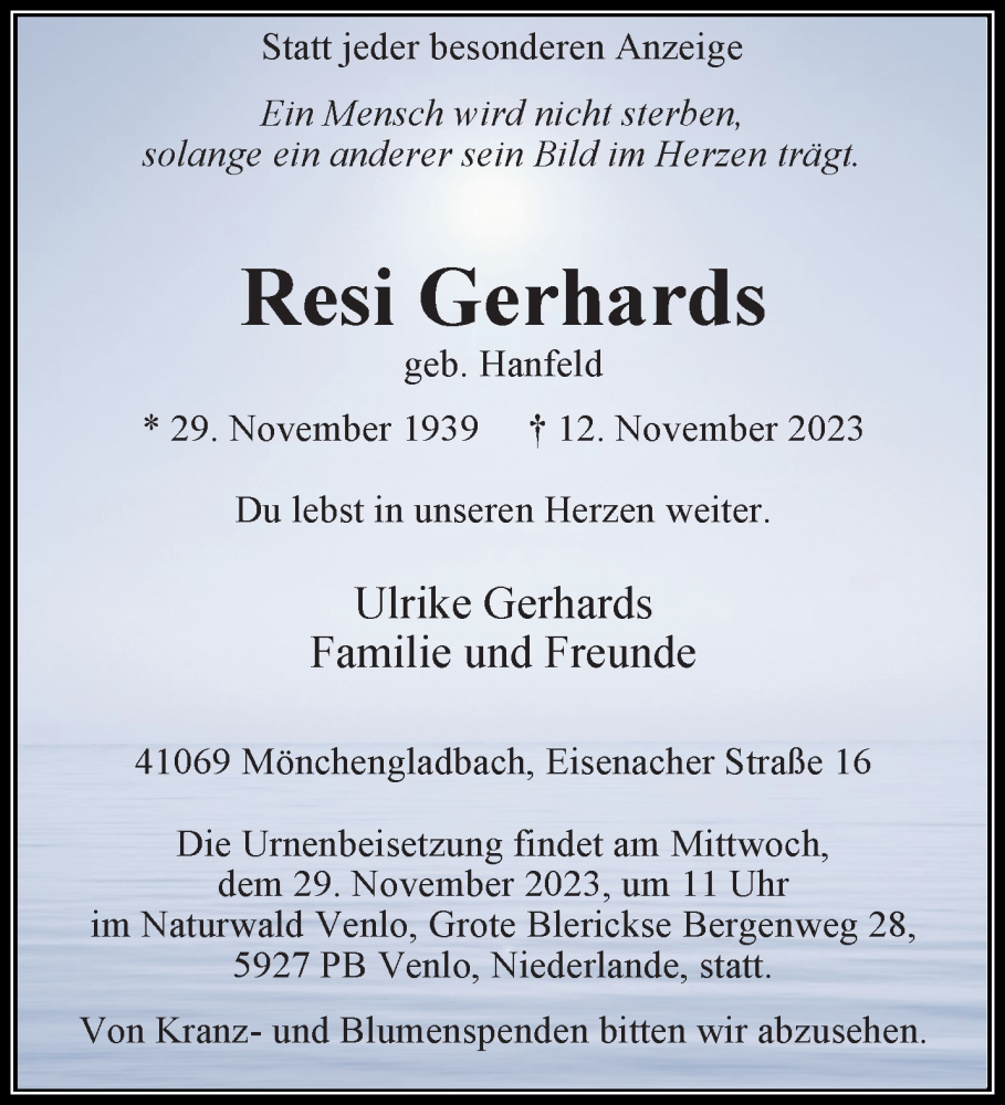  Traueranzeige für Resi Gerhards vom 19.11.2023 aus trauer.extra-tipp-moenchengladbach.de