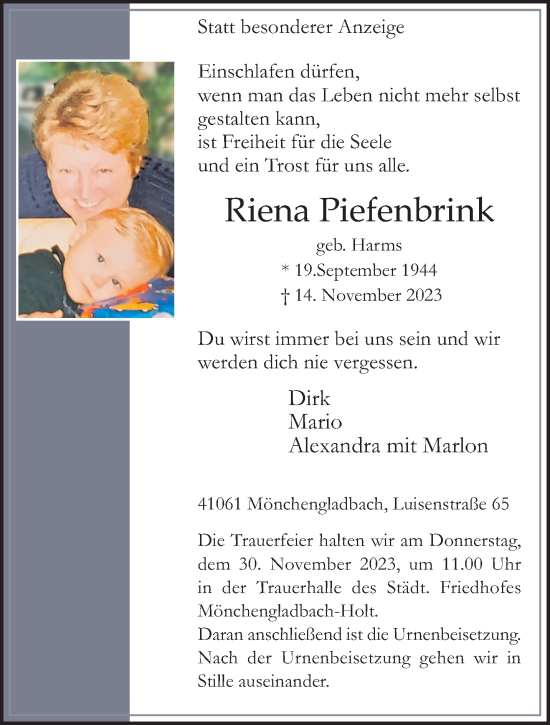 Traueranzeige von Riena Piefenbrink von trauer.extra-tipp-moenchengladbach.de
