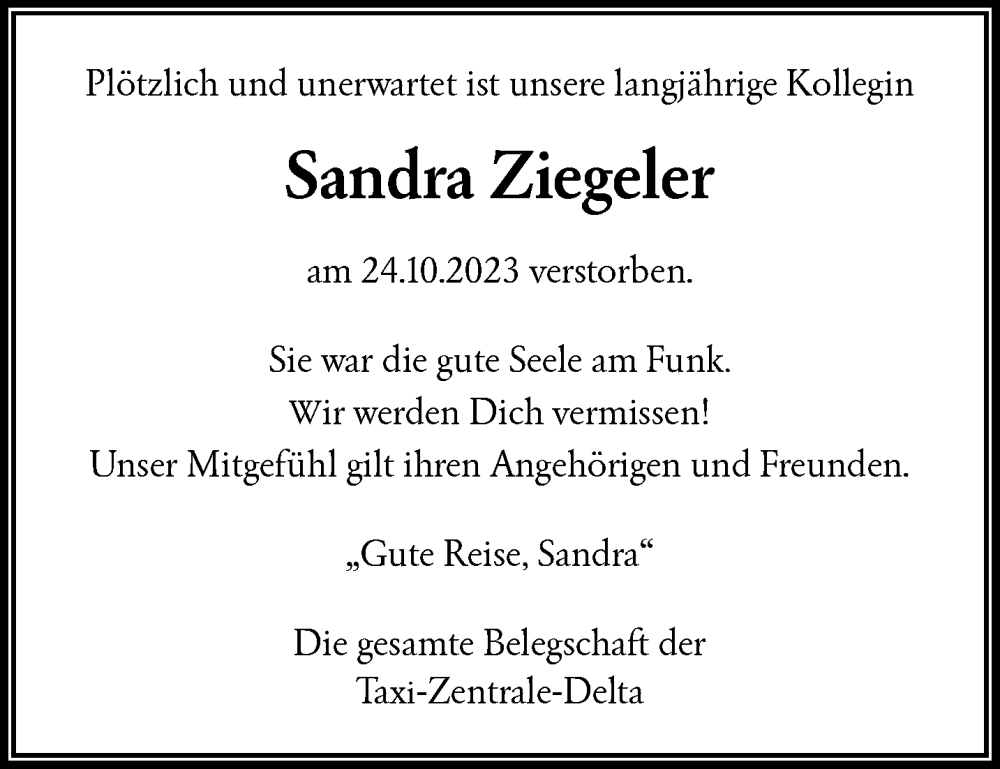  Traueranzeige für Sandra Ziegeler vom 03.11.2023 aus trauer.duesseldorfer-anzeiger.de