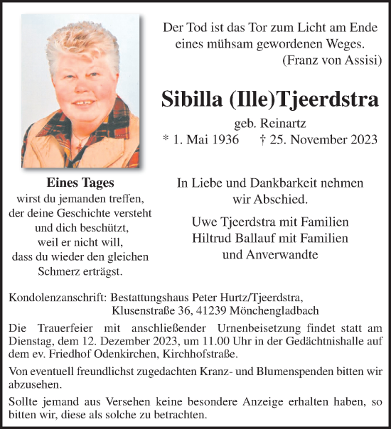 Traueranzeige von Sibilla Tjeerdstra von trauer.extra-tipp-moenchengladbach.de