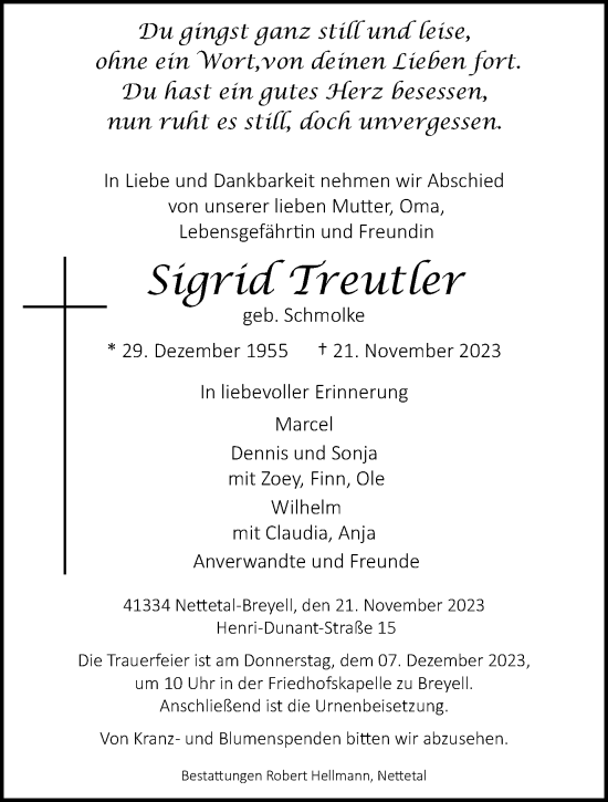 Traueranzeige von Sigrid Treutler von trauer.extra-tipp-moenchengladbach.de