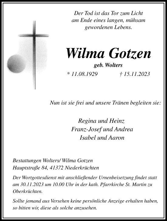 Traueranzeige von Wilma Gotzen von trauer.extra-tipp-moenchengladbach.de
