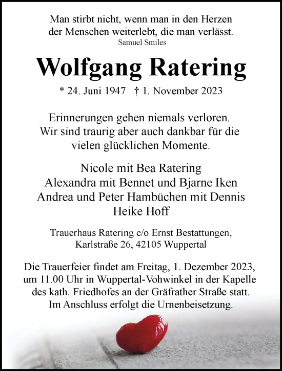 Traueranzeige von Wolfgang Ratering von trauer.wuppertaler-rundschau.de