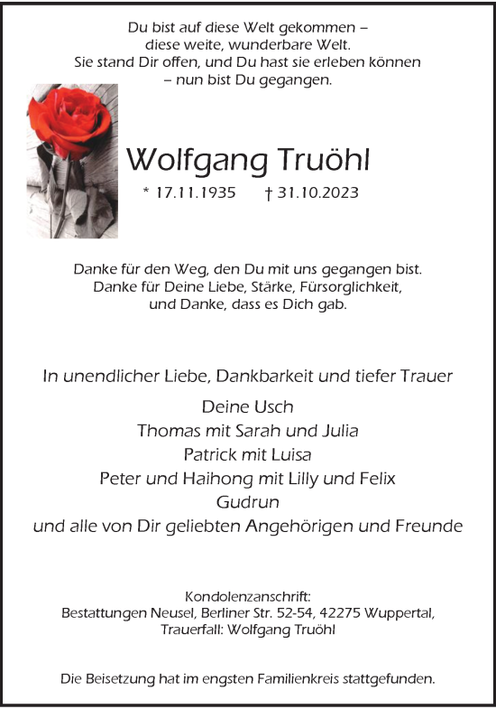 Traueranzeige von Wolfgang Truöhl von trauer.wuppertaler-rundschau.de