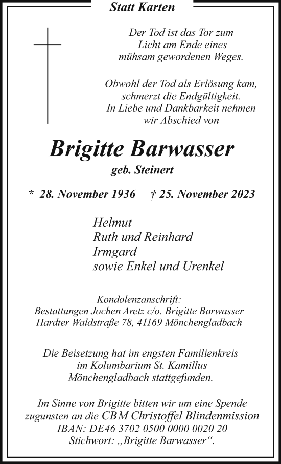 Traueranzeige von Brigitte Barwasser von trauer.extra-tipp-moenchengladbach.de