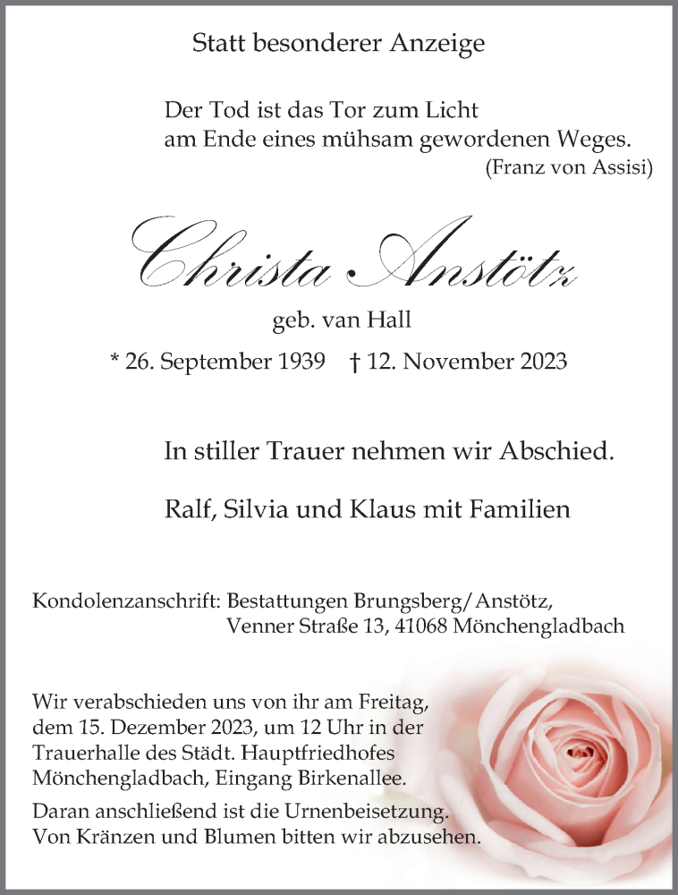  Traueranzeige für Christa Anstötz vom 03.12.2023 aus trauer.extra-tipp-moenchengladbach.de
