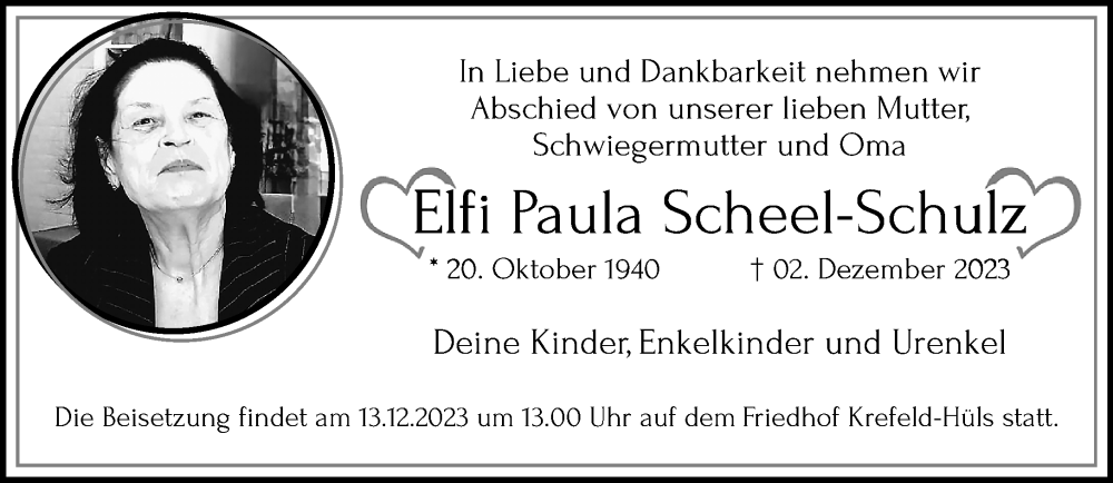  Traueranzeige für Elfi Paula Scheel-Schulz vom 10.12.2023 aus trauer.extra-tipp-moenchengladbach.de