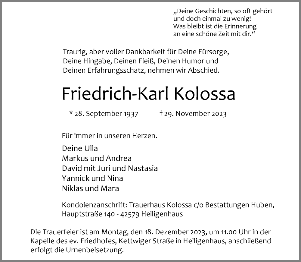  Traueranzeige für Friedrich-Karl Kolossa vom 08.12.2023 aus trauer.duesseldorfer-anzeiger.de