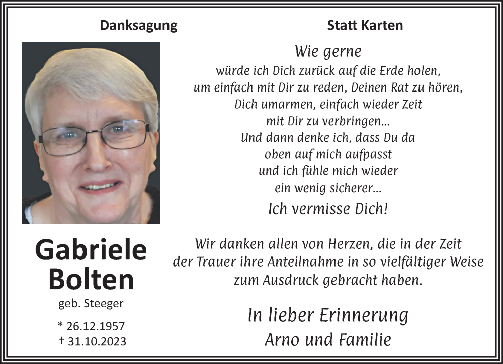  Traueranzeige für Gabriele Bolten vom 31.12.2023 aus trauer.extra-tipp-moenchengladbach.de