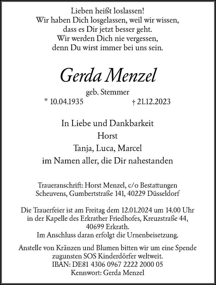  Traueranzeige für Gerda Menzel vom 29.12.2023 aus trauer.duesseldorfer-anzeiger.de