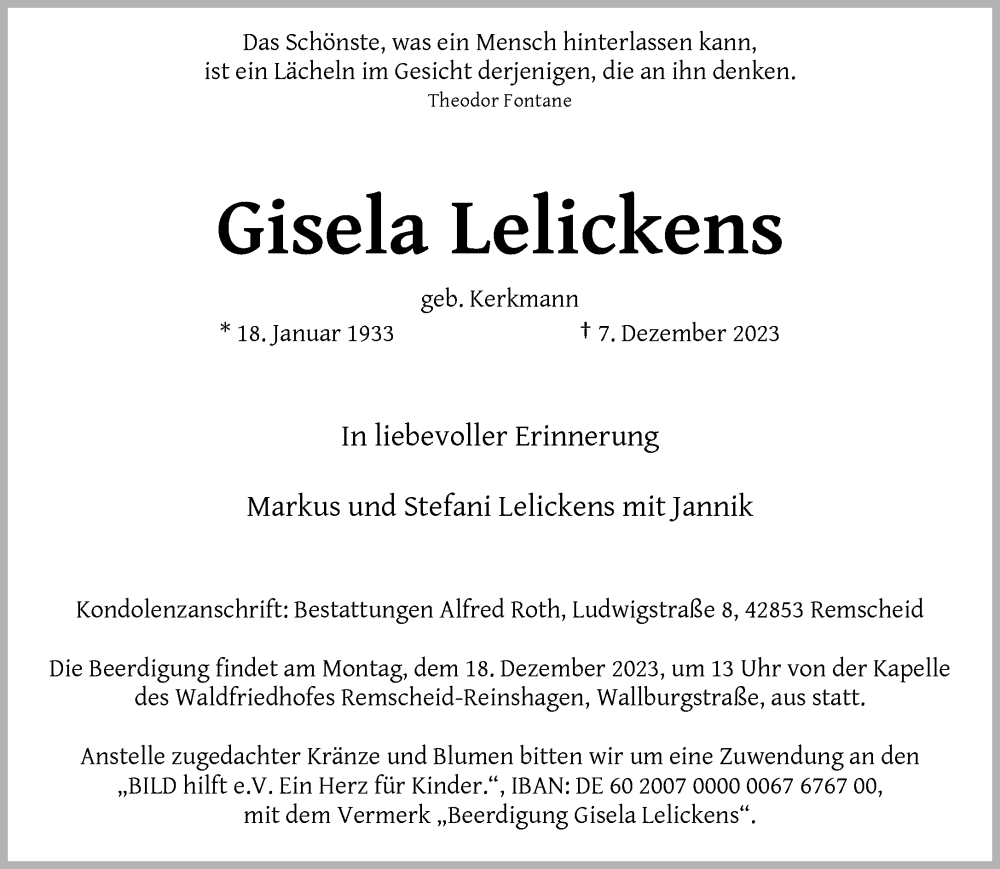  Traueranzeige für Gisela Lelickens vom 15.12.2023 aus trauer.duesseldorfer-anzeiger.de