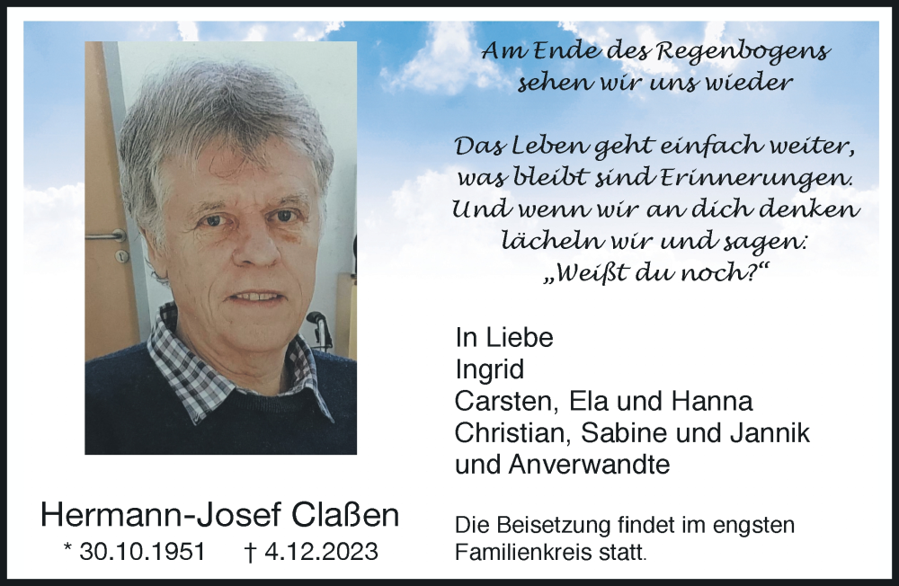  Traueranzeige für Hermann-Josef Claßen vom 10.12.2023 aus trauer.extra-tipp-moenchengladbach.de