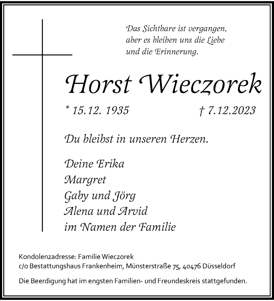  Traueranzeige für Horst Wieczorek vom 15.12.2023 aus trauer.duesseldorfer-anzeiger.de