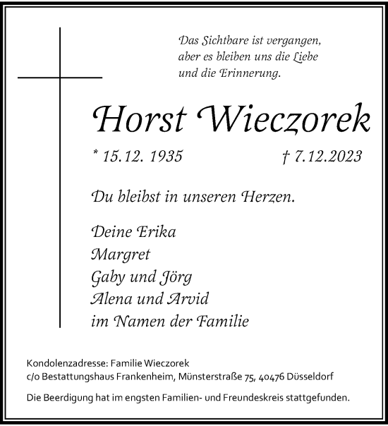 Traueranzeige von Horst Wieczorek von trauer.duesseldorfer-anzeiger.de