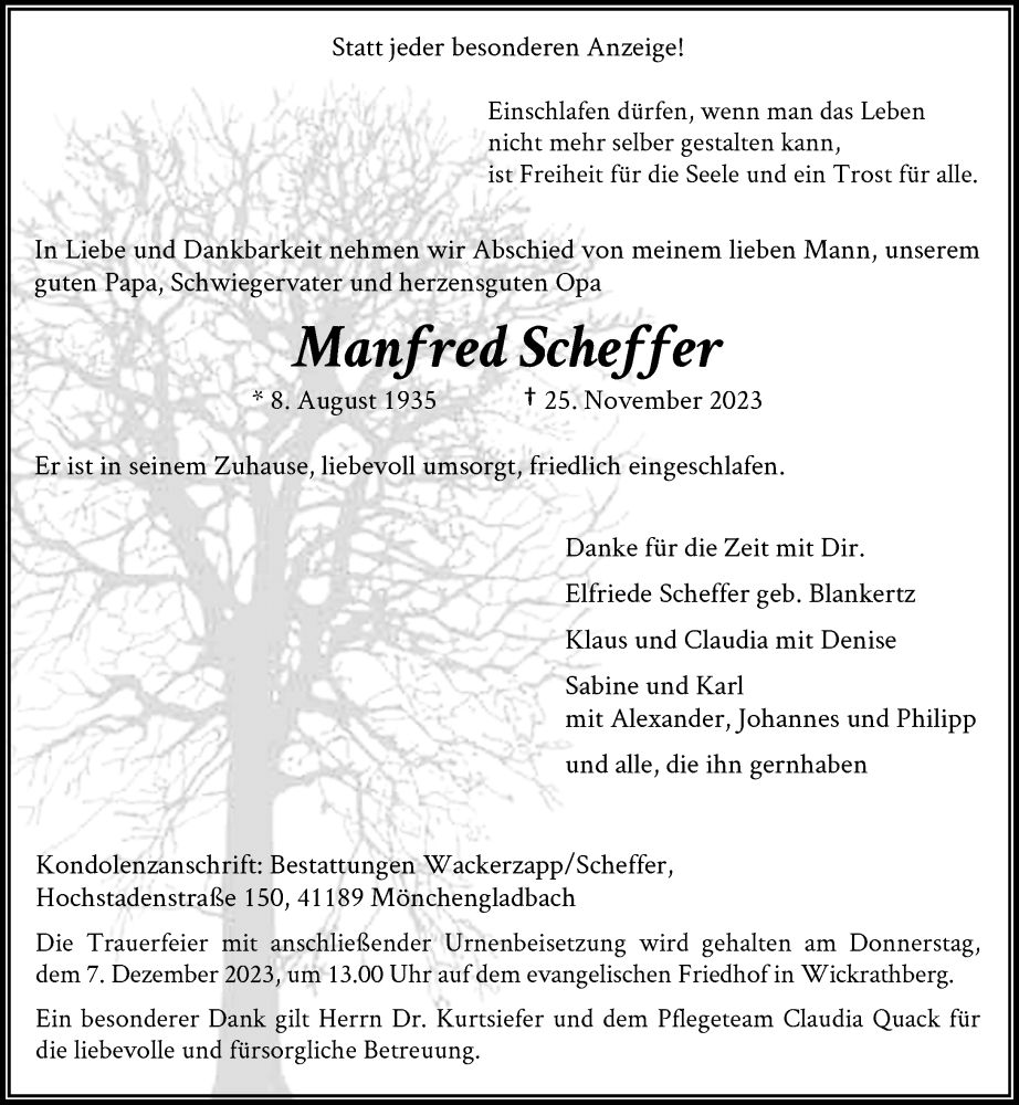  Traueranzeige für Manfred Scheffer vom 03.12.2023 aus trauer.extra-tipp-moenchengladbach.de