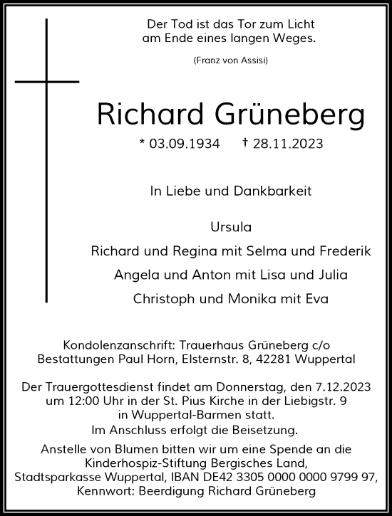 Traueranzeige von Richard Grüneberg von trauer.wuppertaler-rundschau.de