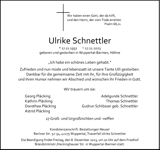 Traueranzeige von Ulrike Schnettler von trauer.wuppertaler-rundschau.de