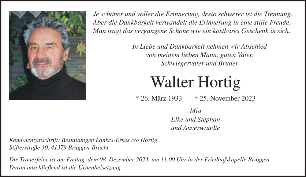  Traueranzeige für Walter Hortig vom 03.12.2023 aus trauer.extra-tipp-moenchengladbach.de