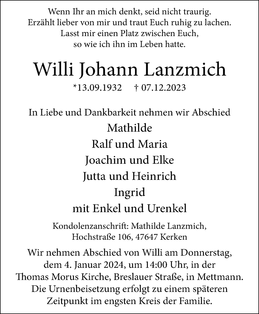  Traueranzeige für Willi Johann Lanzmich vom 29.12.2023 aus trauer.duesseldorfer-anzeiger.de