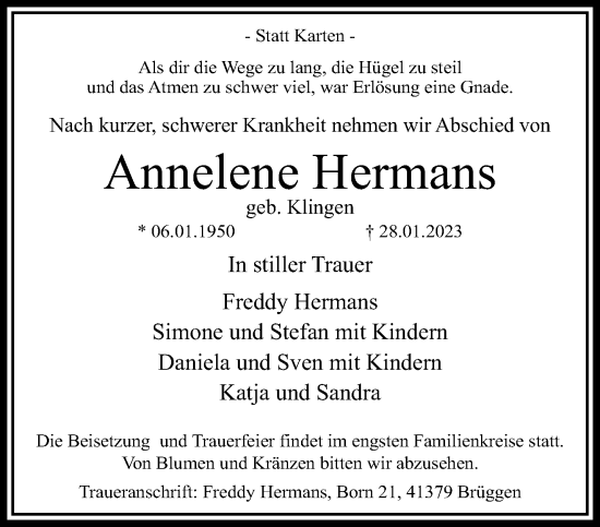 Traueranzeige von Annelene Hermans von trauer.extra-tipp-moenchengladbach.de