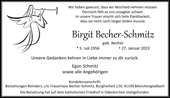 Traueranzeige von Birgit Becher-Schmitz von trauer.extra-tipp-moenchengladbach.de