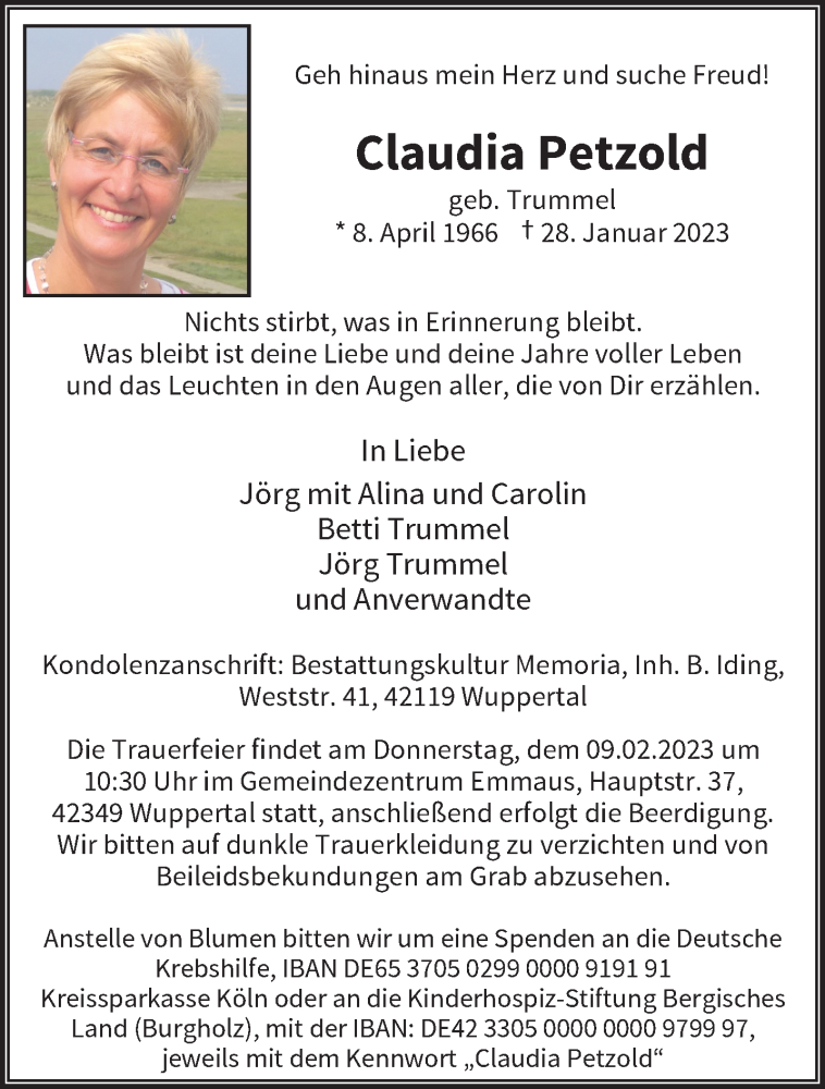  Traueranzeige für Claudia Petzold vom 04.02.2023 aus trauer.wuppertaler-rundschau.de