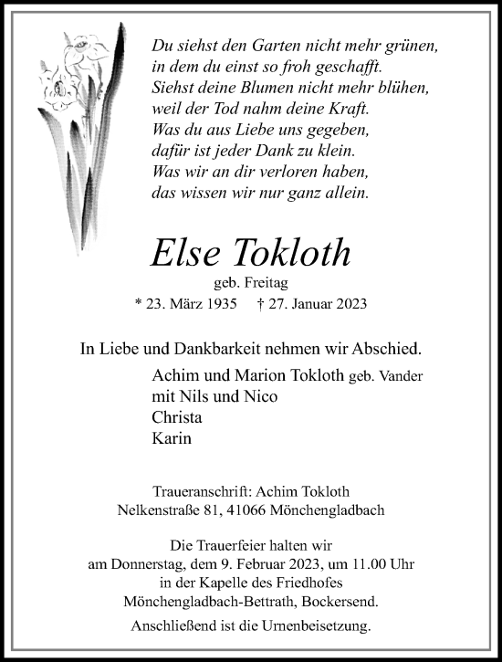 Traueranzeige von Else Tokloth von trauer.extra-tipp-moenchengladbach.de