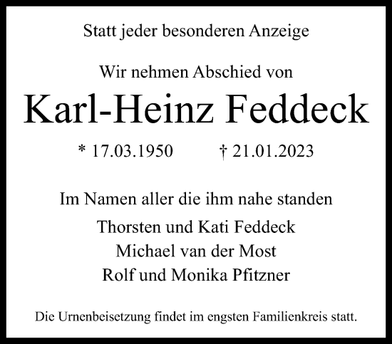 Traueranzeige von Karl-Heinz Feddeck von trauer.mein.krefeld.de