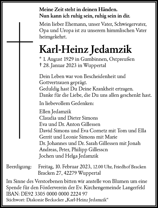 Traueranzeige von Karl-Heinz Jedamzik von trauer.wuppertaler-rundschau.de