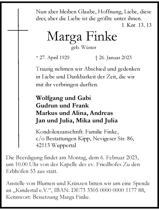 Traueranzeige von Marga Finke von trauer.wuppertaler-rundschau.de