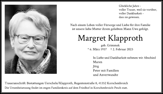 Traueranzeige von Margret Klapproth von trauer.extra-tipp-moenchengladbach.de