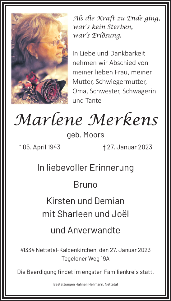 Traueranzeige von Marlene Merkens von trauer.extra-tipp-moenchengladbach.de