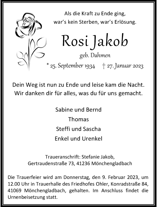 Traueranzeige von Rosi Jakob von trauer.extra-tipp-moenchengladbach.de