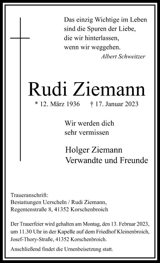 Traueranzeige von Rudi Ziemann von trauer.extra-tipp-moenchengladbach.de