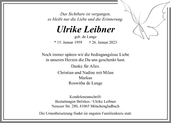 Traueranzeige von Ulrike Leibner von trauer.extra-tipp-moenchengladbach.de