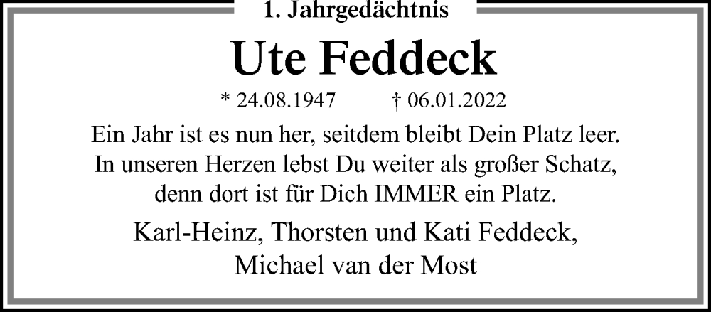  Traueranzeige für Ute Feddeck vom 05.02.2023 aus trauer.mein.krefeld.de