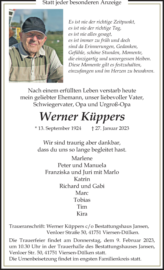Traueranzeige von Werner Küppers von trauer.extra-tipp-moenchengladbach.de