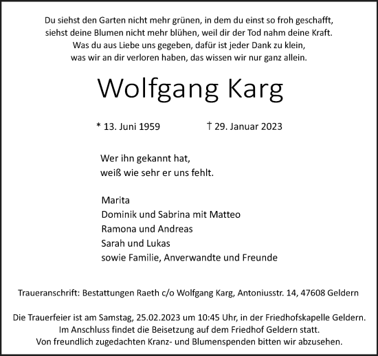 Traueranzeige von Wolfgang Karg von trauer.extra-tipp-moenchengladbach.de