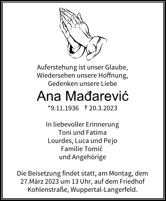 Traueranzeige von Ana Madarevic von trauer.wuppertaler-rundschau.de