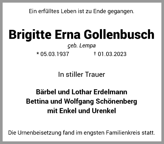 Traueranzeige von Brigitte Erna Gollenbusch von trauer.duesseldorfer-anzeiger.de