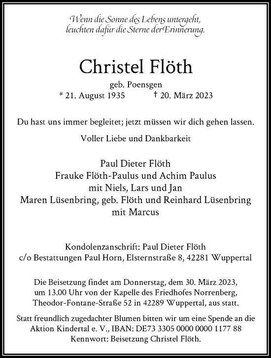 Traueranzeige von Christel Flöth von trauer.wuppertaler-rundschau.de